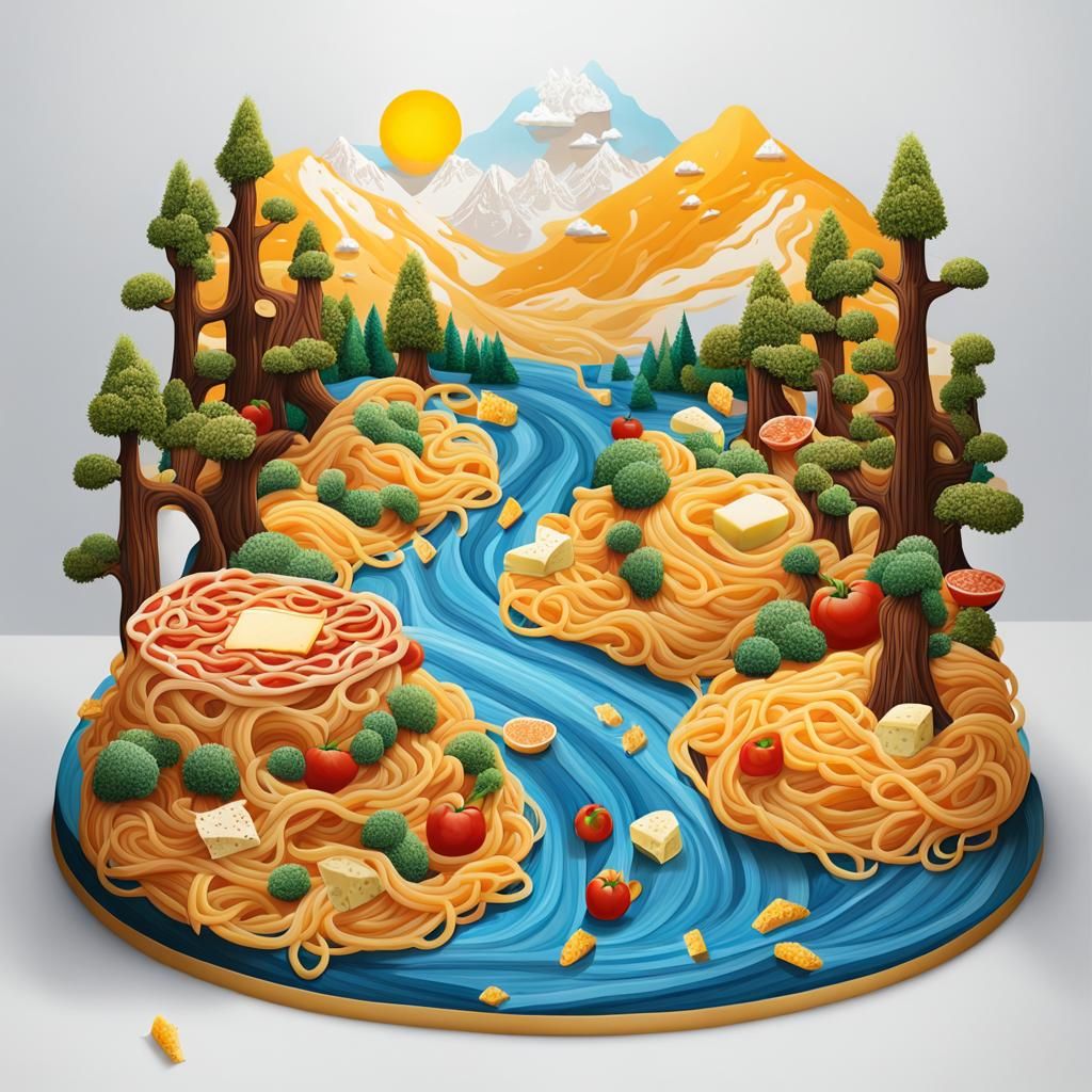 Food-Themed Landscape with Spaghetti Trees and Cheese Mounta...