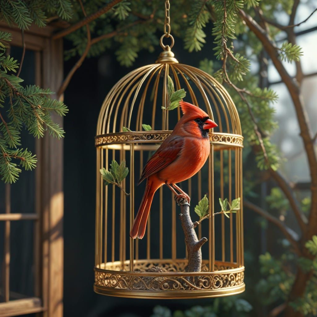 Cardinal in Golden Cage: Realistic 8K Bird Image