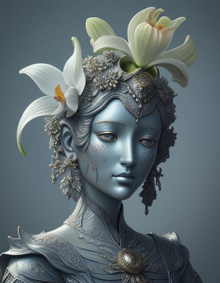 Surreal Giant Orchid Statue with Ethereal Human Face