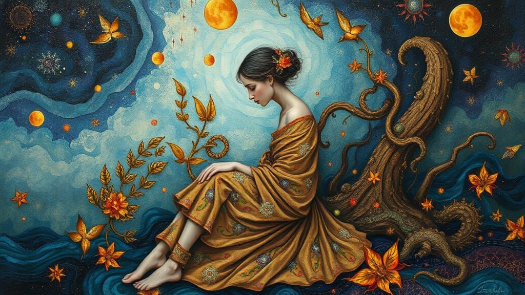 Surreal Figure in Whimsical, Dreamlike Landscape