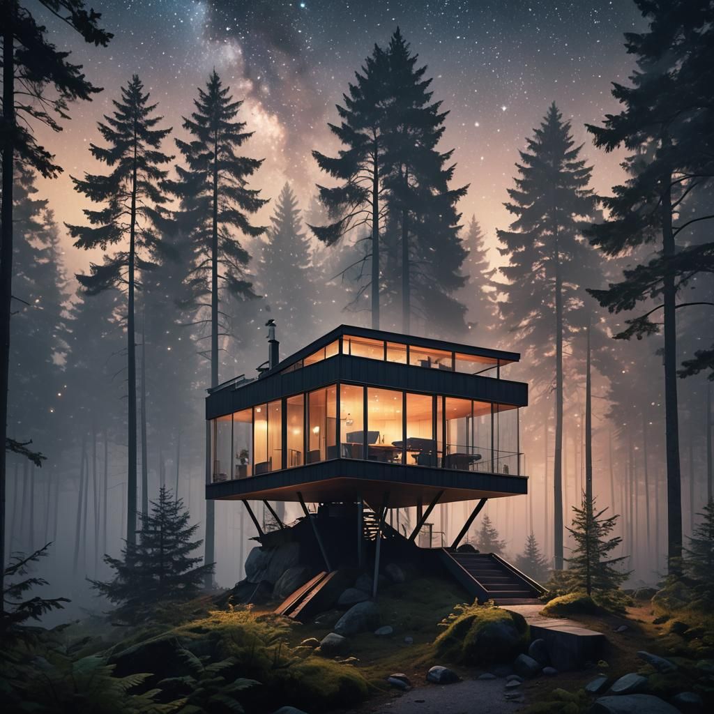 Glass Cabin in Misty Forest Under Starry Sky