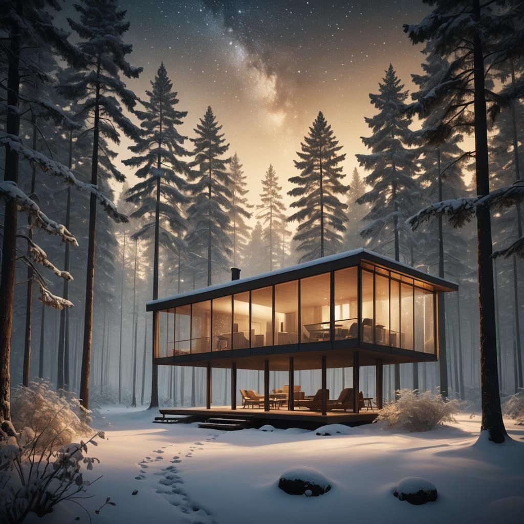 Cabin in Mystical Forest Under Starry Night