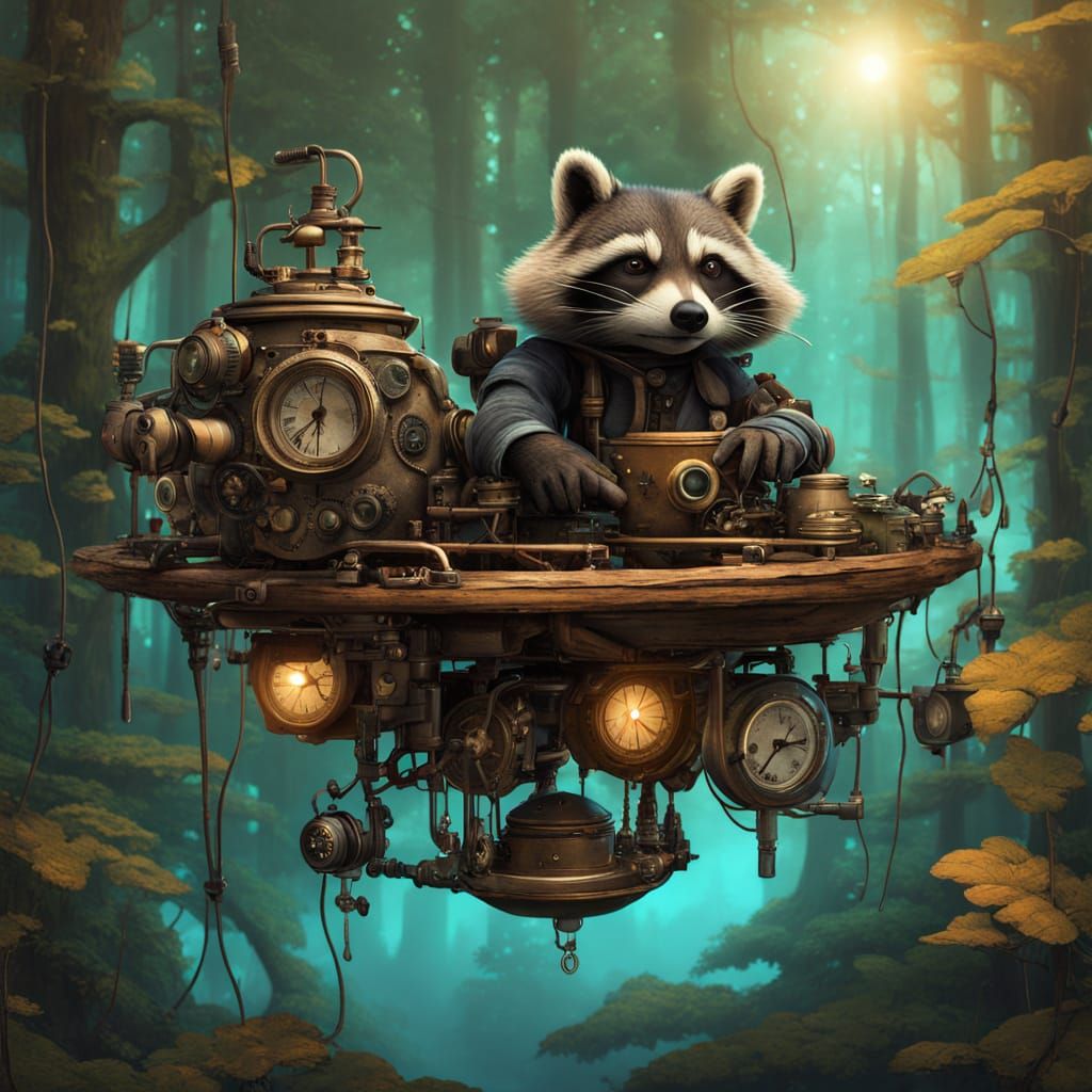Surreal Steampunk Raccoon Soars Above a Glowing Forest