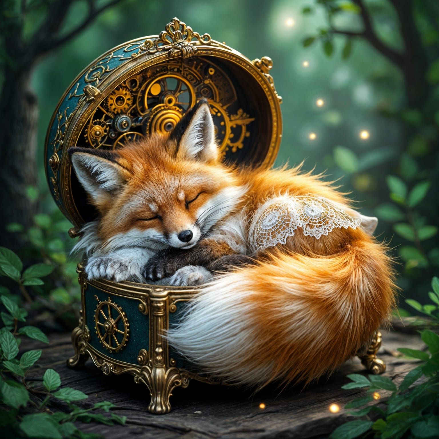 A Fox Curled up Asleep Inside an Antique Music Box