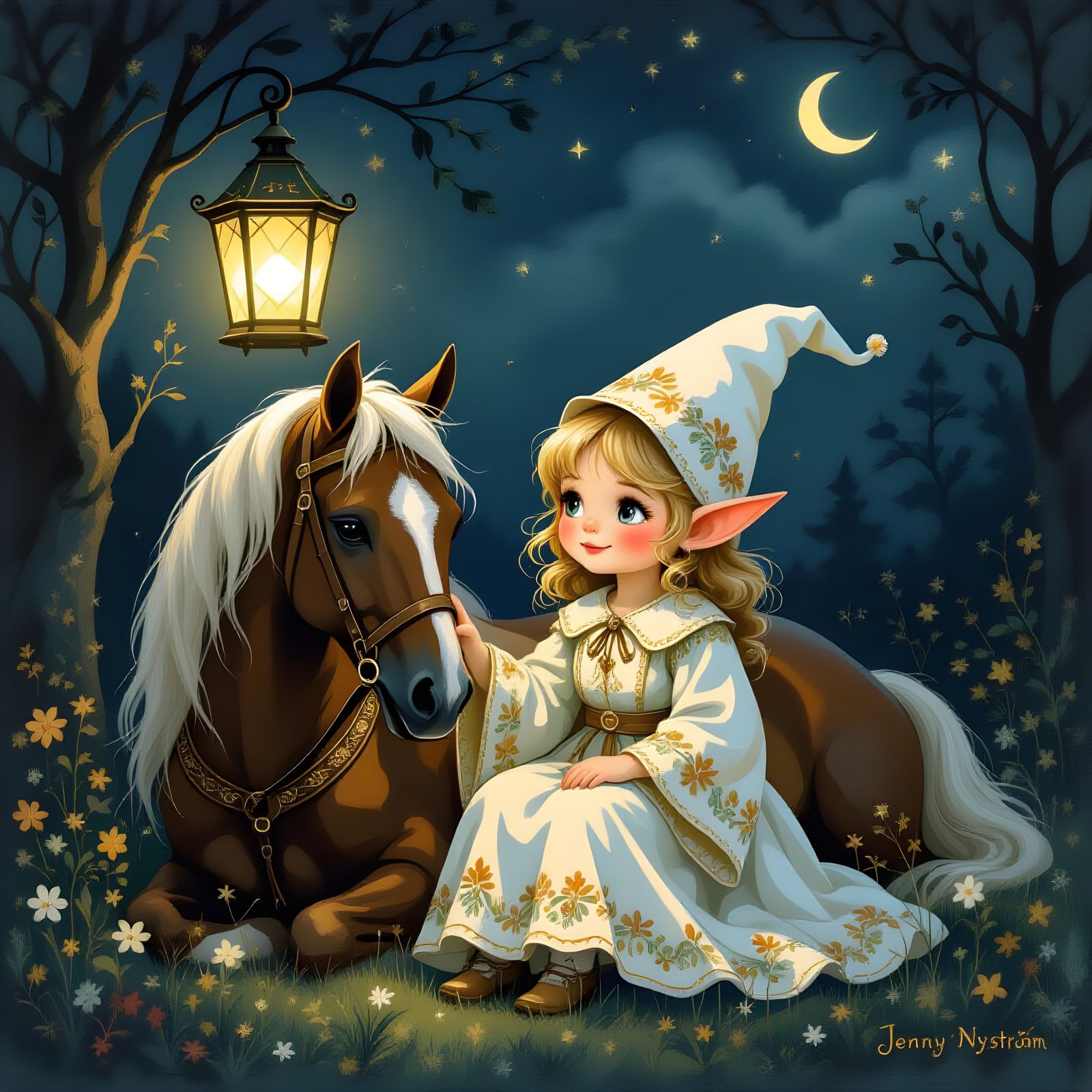 Elf, Horse and Lantern Portrait in Fairy Tale Style