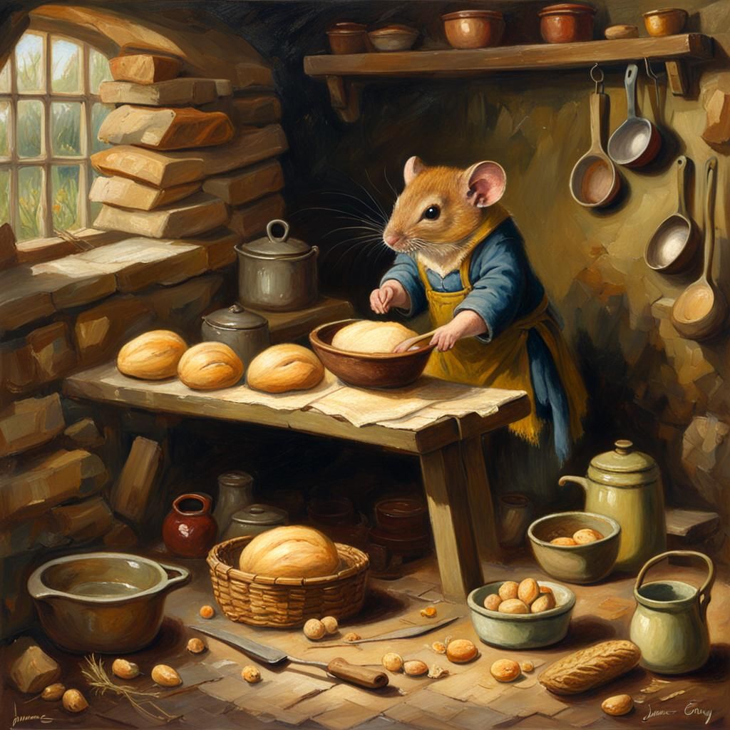 Dormouse Baking Bread: Cottagecore Oil Painting