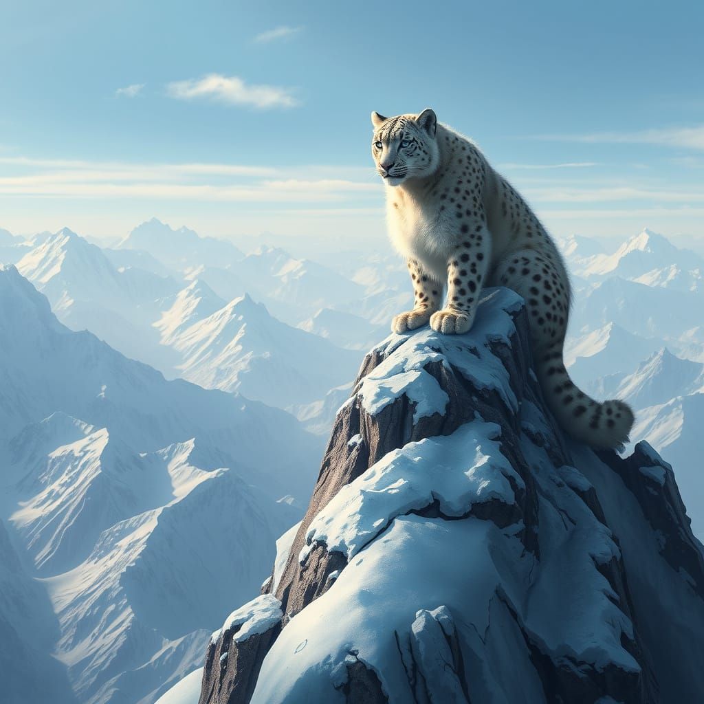 Snow Leopard on Snowy Peak, Atmospheric Digital Art