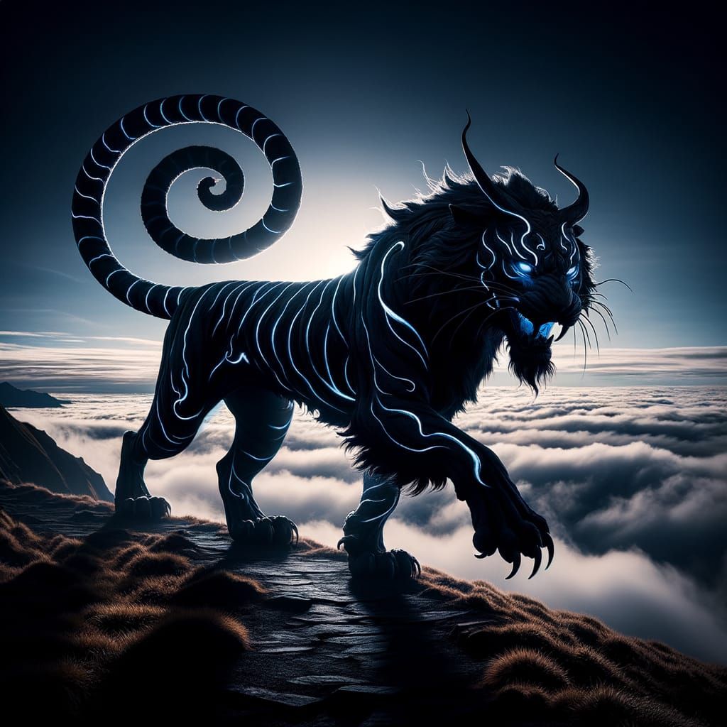 Mythical Dark Blue Tiger With Lightning Stripes Above Clouds