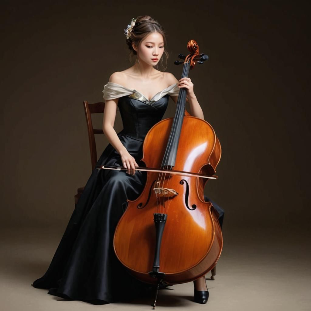 Cellist in Flowing Gown: Hyperdetailed Art Nouveau Portrait