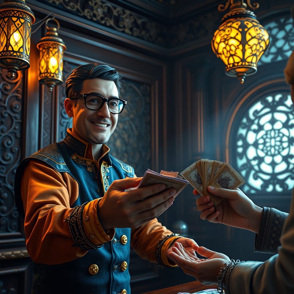 Fantasy Clerk Hands Golden Coins to Satisfied Customer in An...