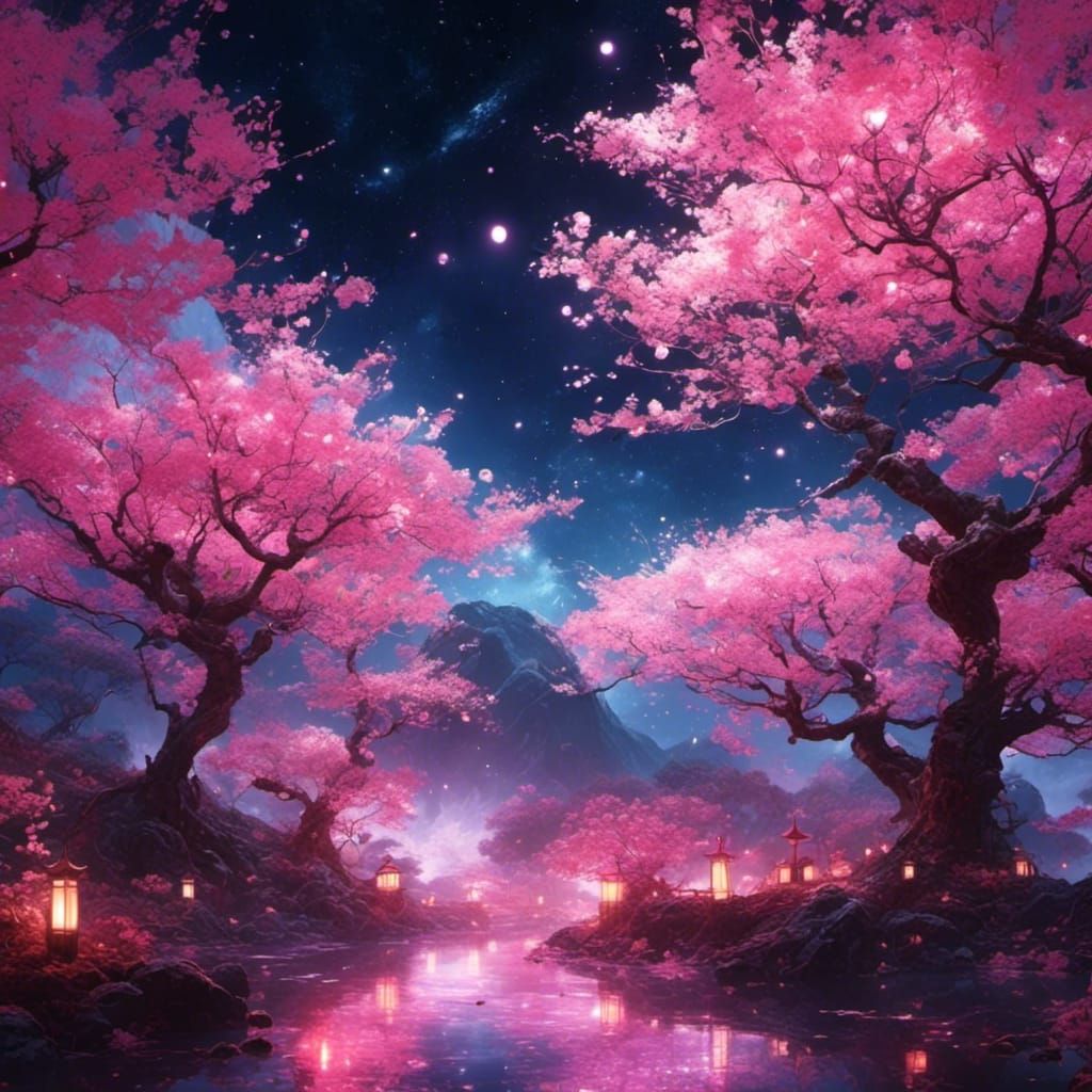 Giant Cherry Blossoms and Glowing Mushrooms
