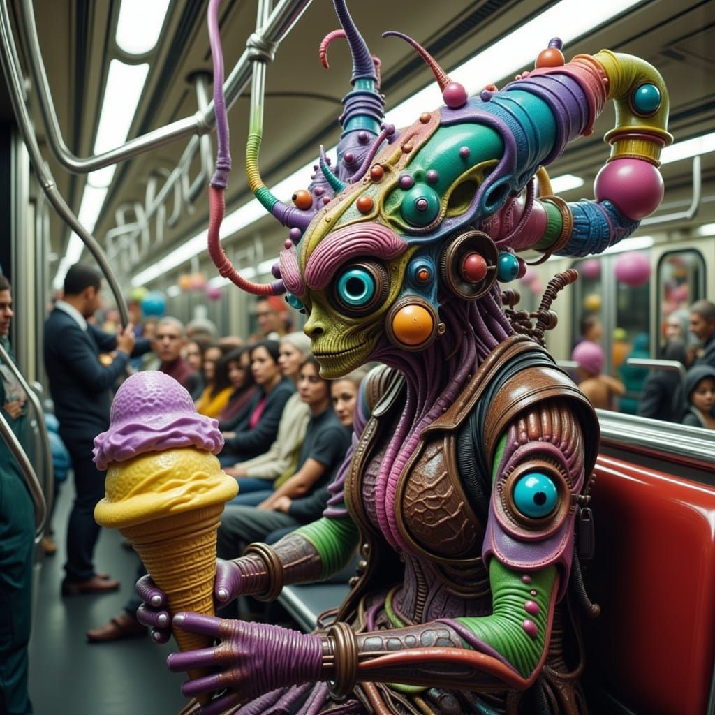 Whimsical Alien Devours Ice Cream on the Subway in Psychedel...