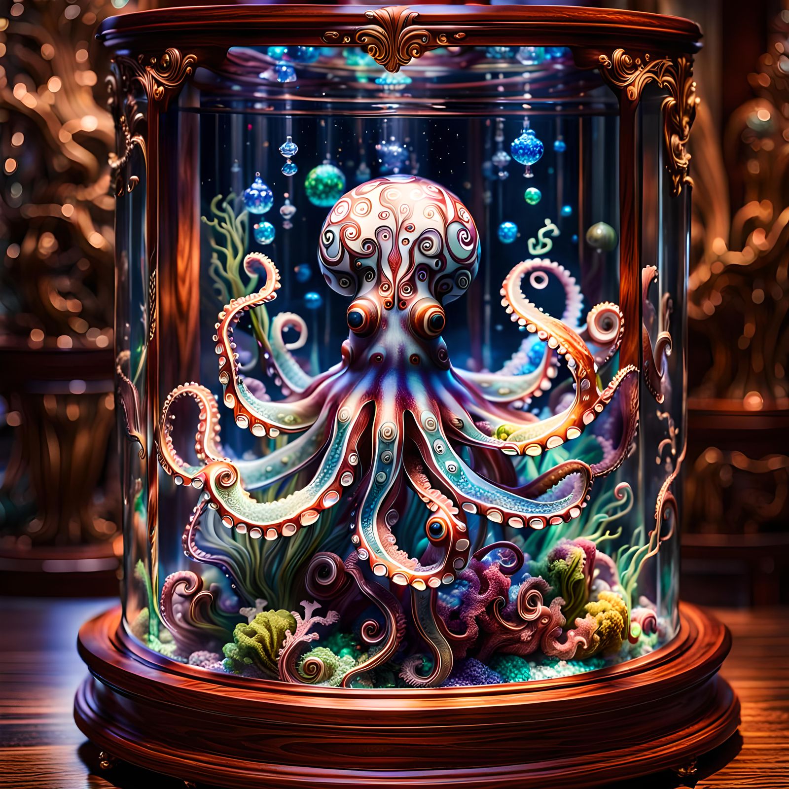 Ornate Glass Octopus in Mahogany Display Case