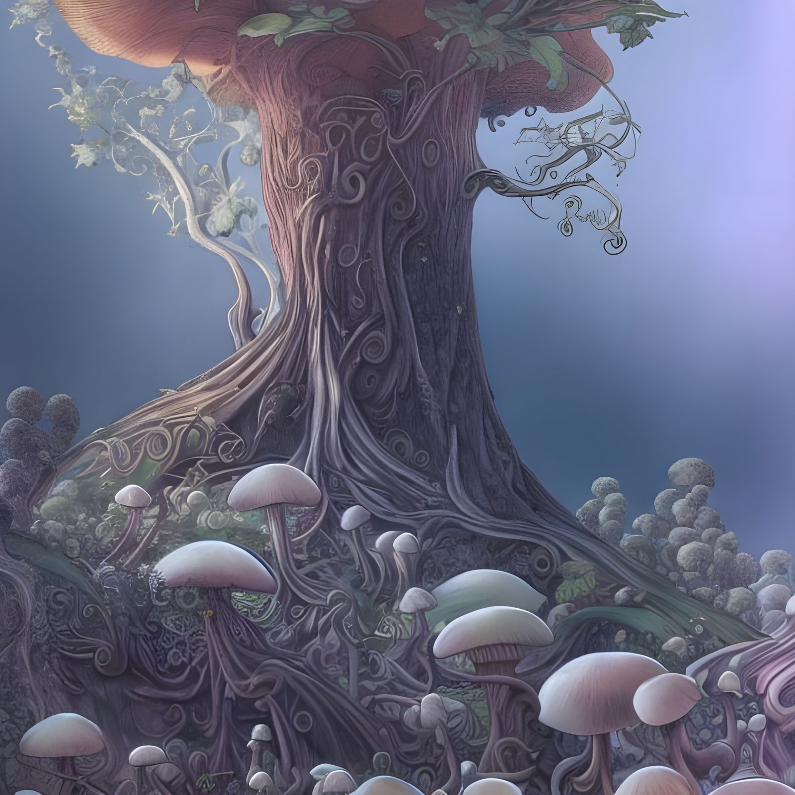 Whimsical Giant Mushroom Forest Digital Illustration