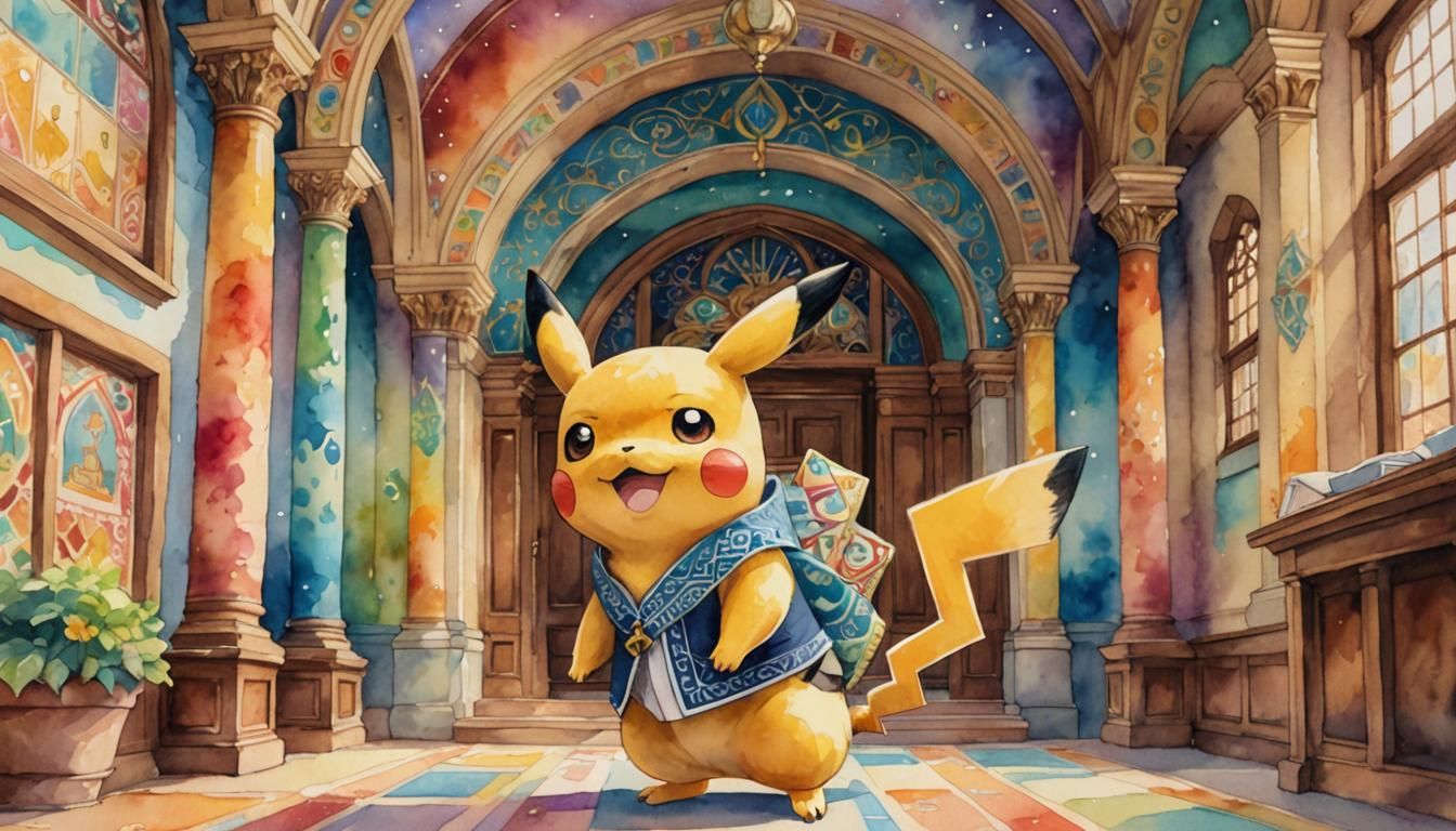 Pikachu in Kippah at Synagogue: Whimsical Digital Art