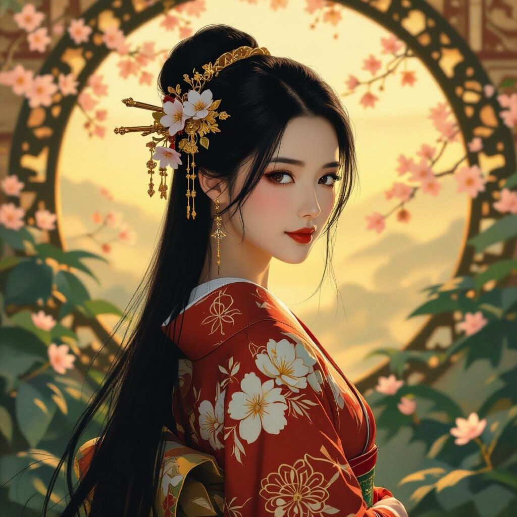 Japanese Woman in Kimono: Art Nouveau Style