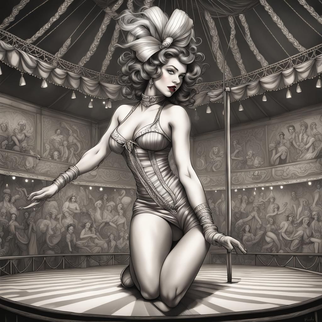 Pin-Up Circus Girl in Line Art Style