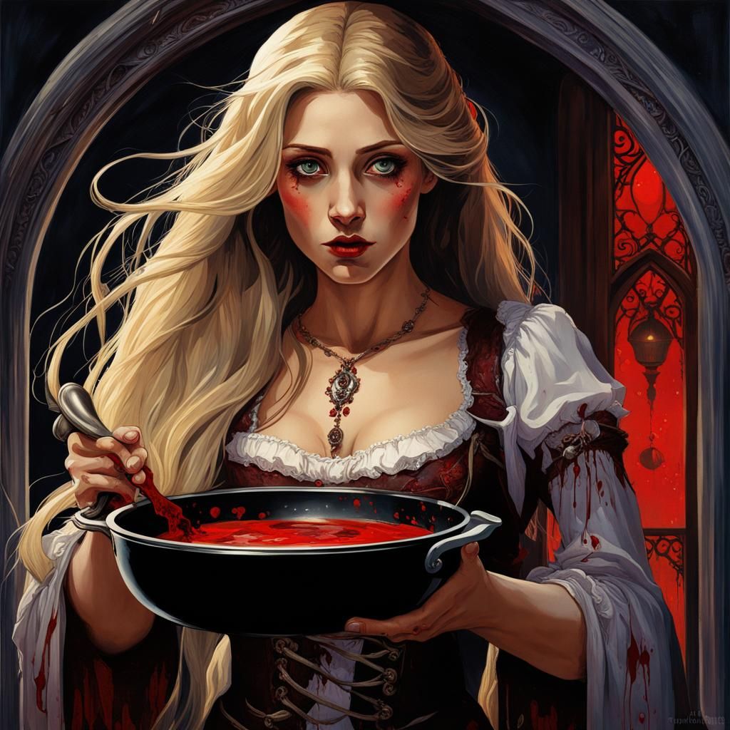 Gothic Rapunzel with Bloody Frying Pan, Illustrative Oil Pai...