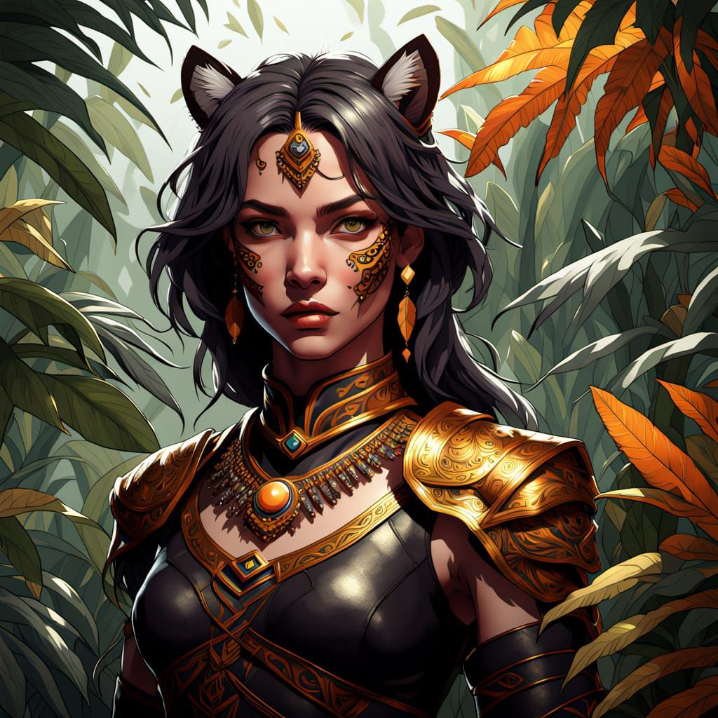 Tigress Warrior Woman with Gothic Jewels in Jungle