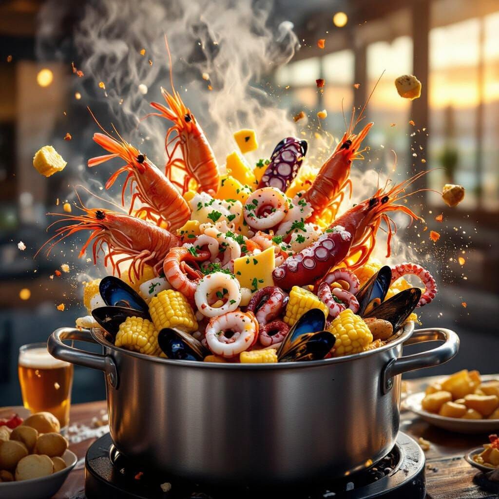 Feast Exploding From Steaming Pot