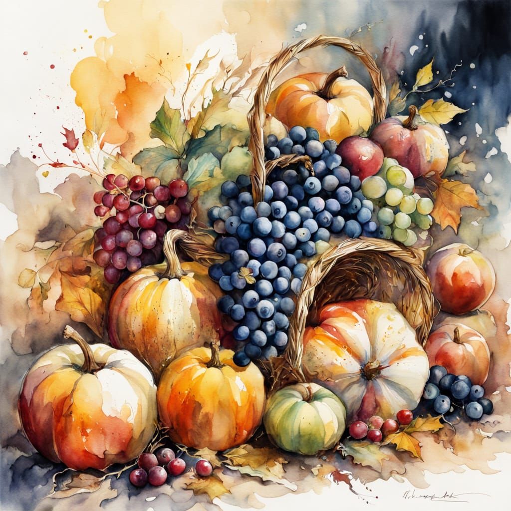 Autumn Harvest Still Life Watercolor Painting