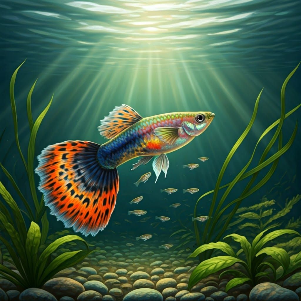 Realistic Underwater Portrait of a Female Guppy in Reproduct...