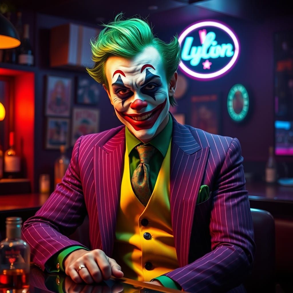 A charismatic, eerie figure seated at a dimly lit bar.