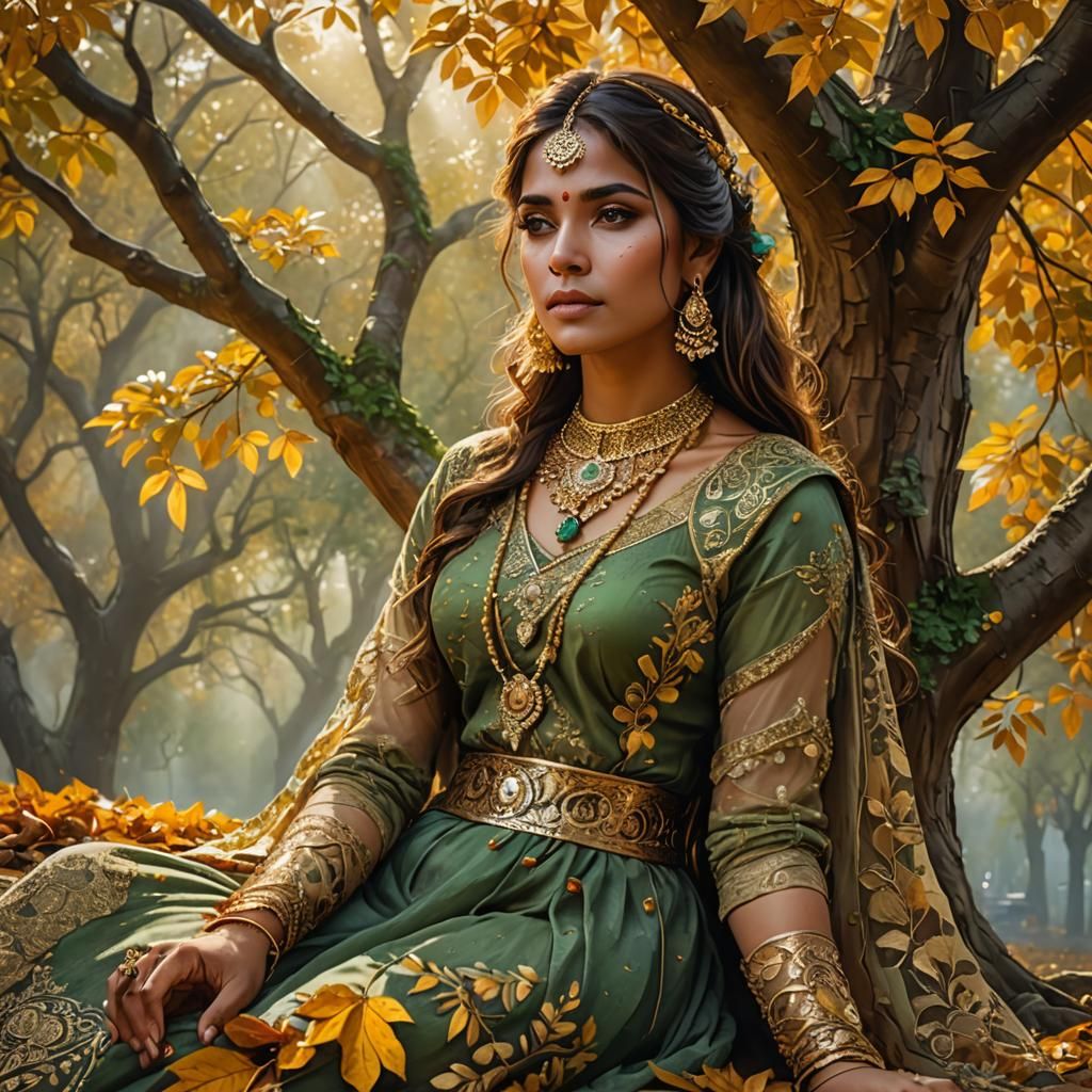 Surreal Portrait of an Indian Princess in Vibrant Autumn