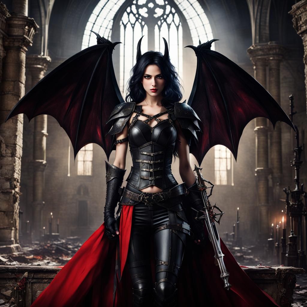 Succubus in Ruined Church with Crossbow