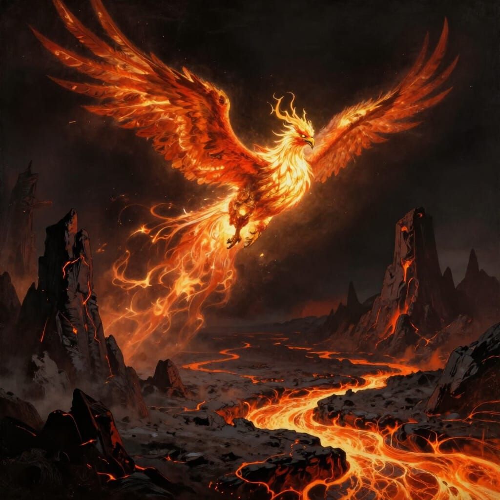 Warrior Faces Radiant Phoenix Over Volcanic Lands