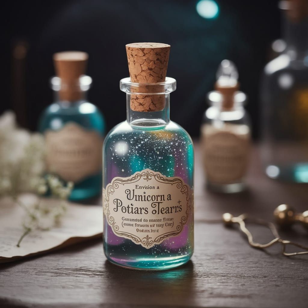 Whimsical Unicorn Tears Potion in a Crystal Vial