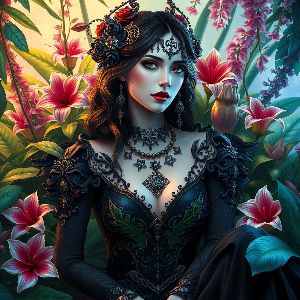 Ethereal Gothic Goddess in Vibrant Bloom