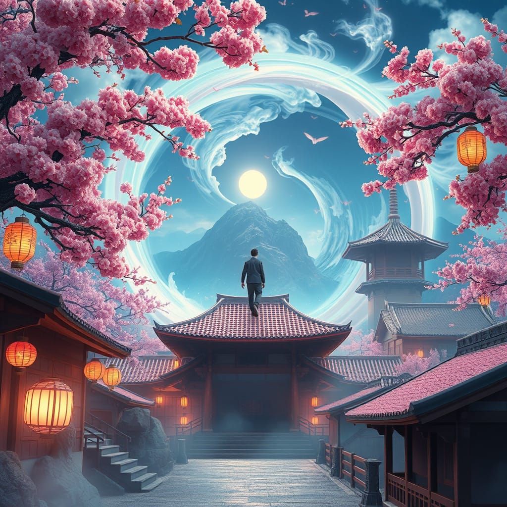Ethereal Time Traveler Amidst Vibrant Cherry Blossoms