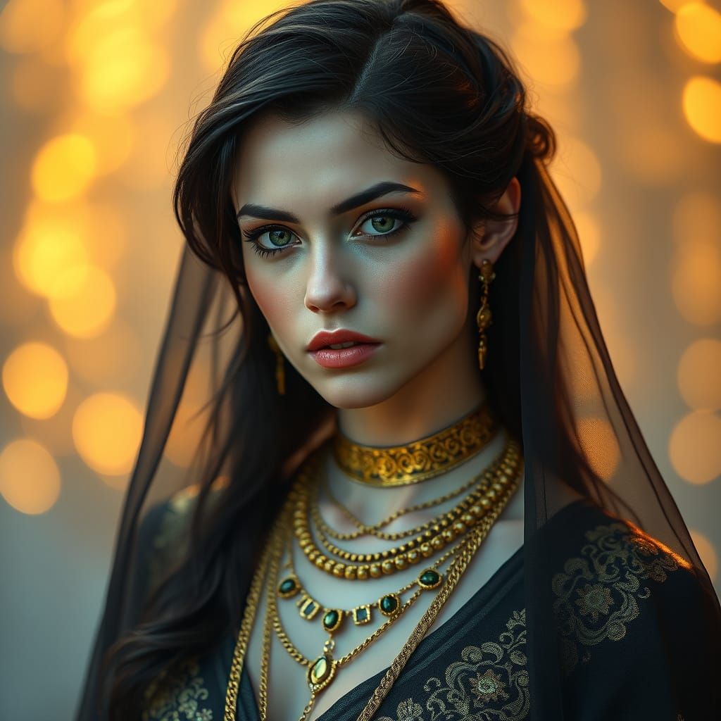 A cinematic photo of a stunning woman with dark hair and gre...