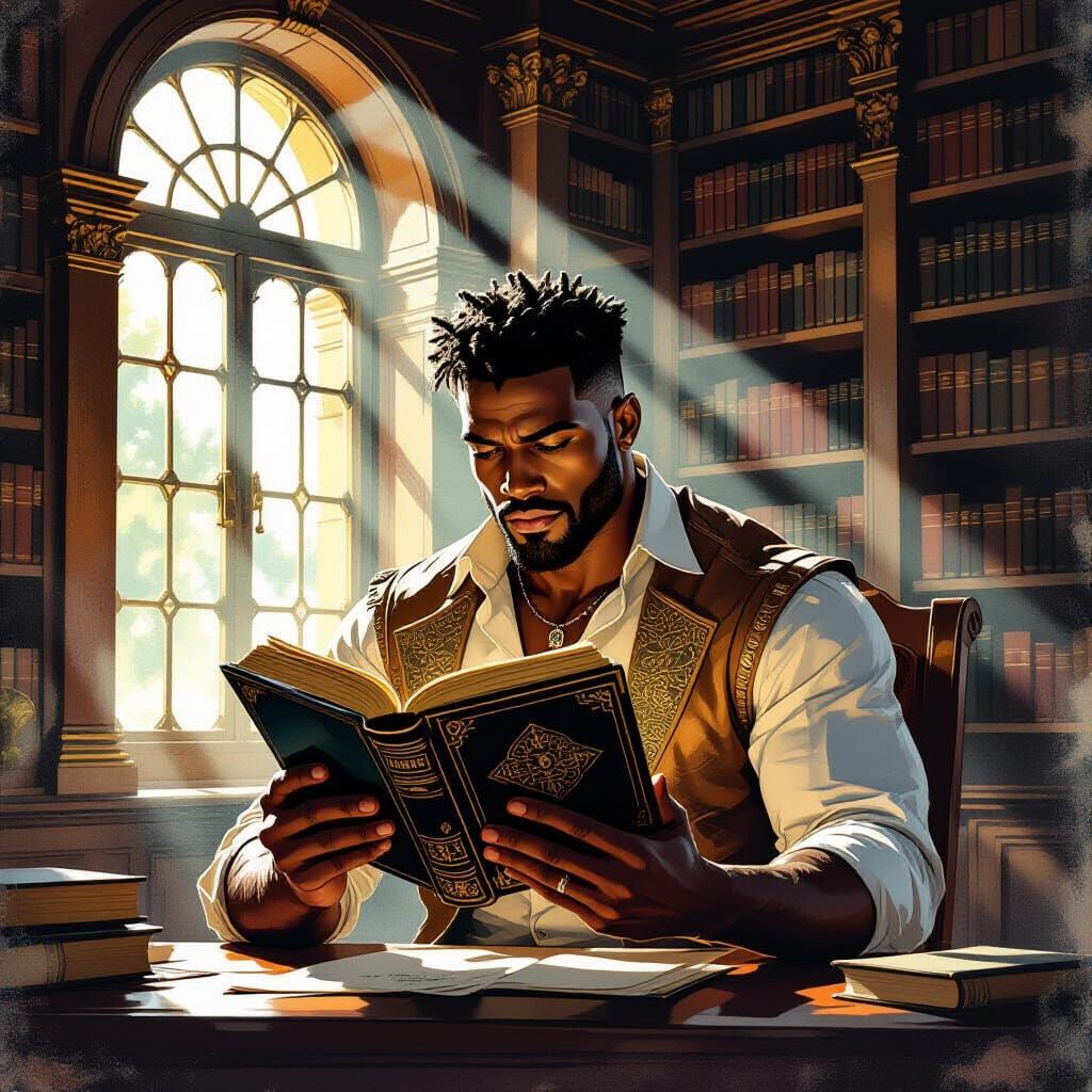 African Scholar Reads Ancient Tome in Opulent Library