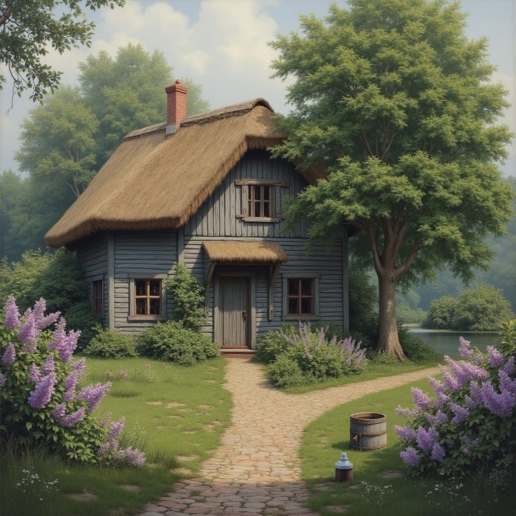 Realistic Painting of Old Wooden House with Thatched Roof