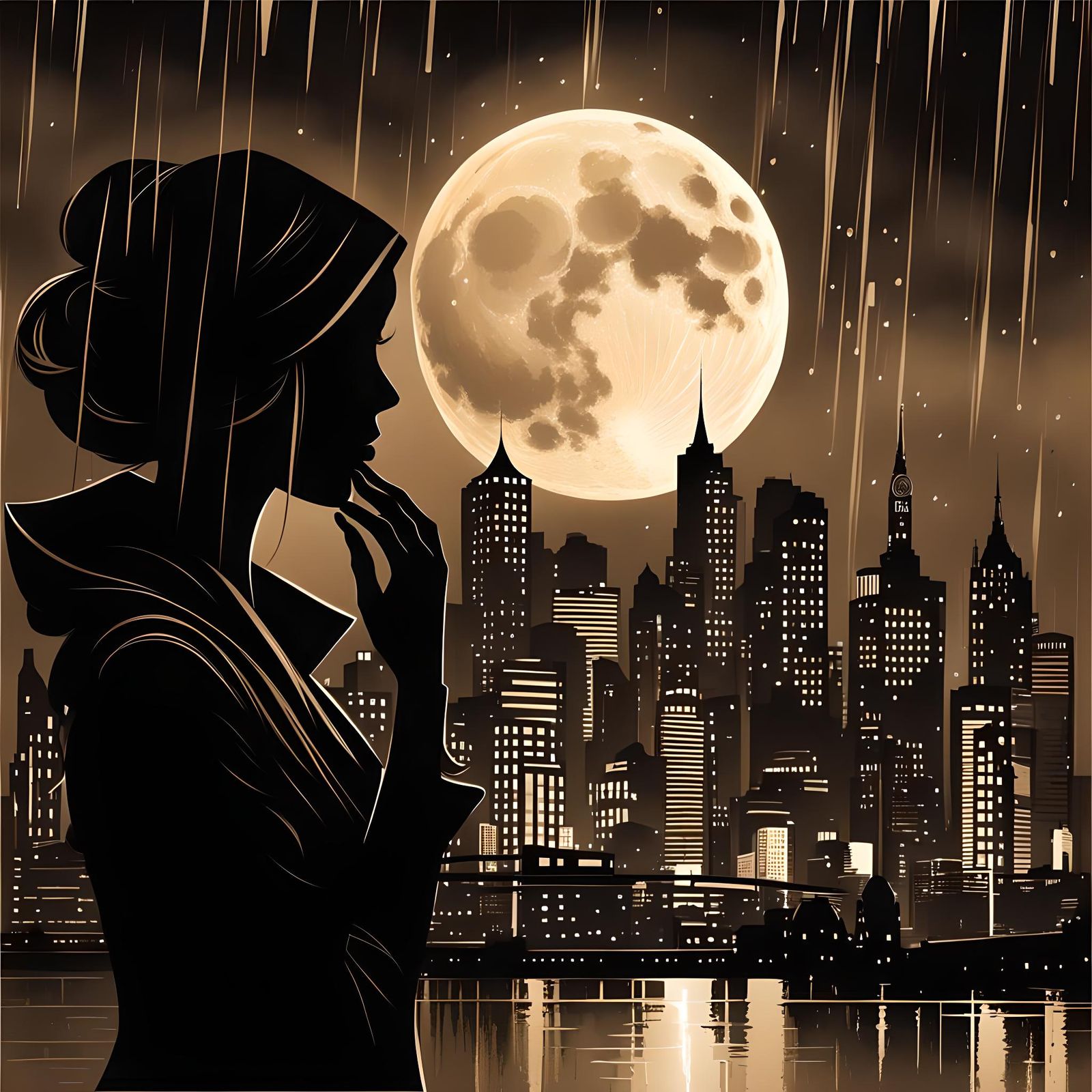 Sepia Silhouette: Woman in Rainy Cityscape