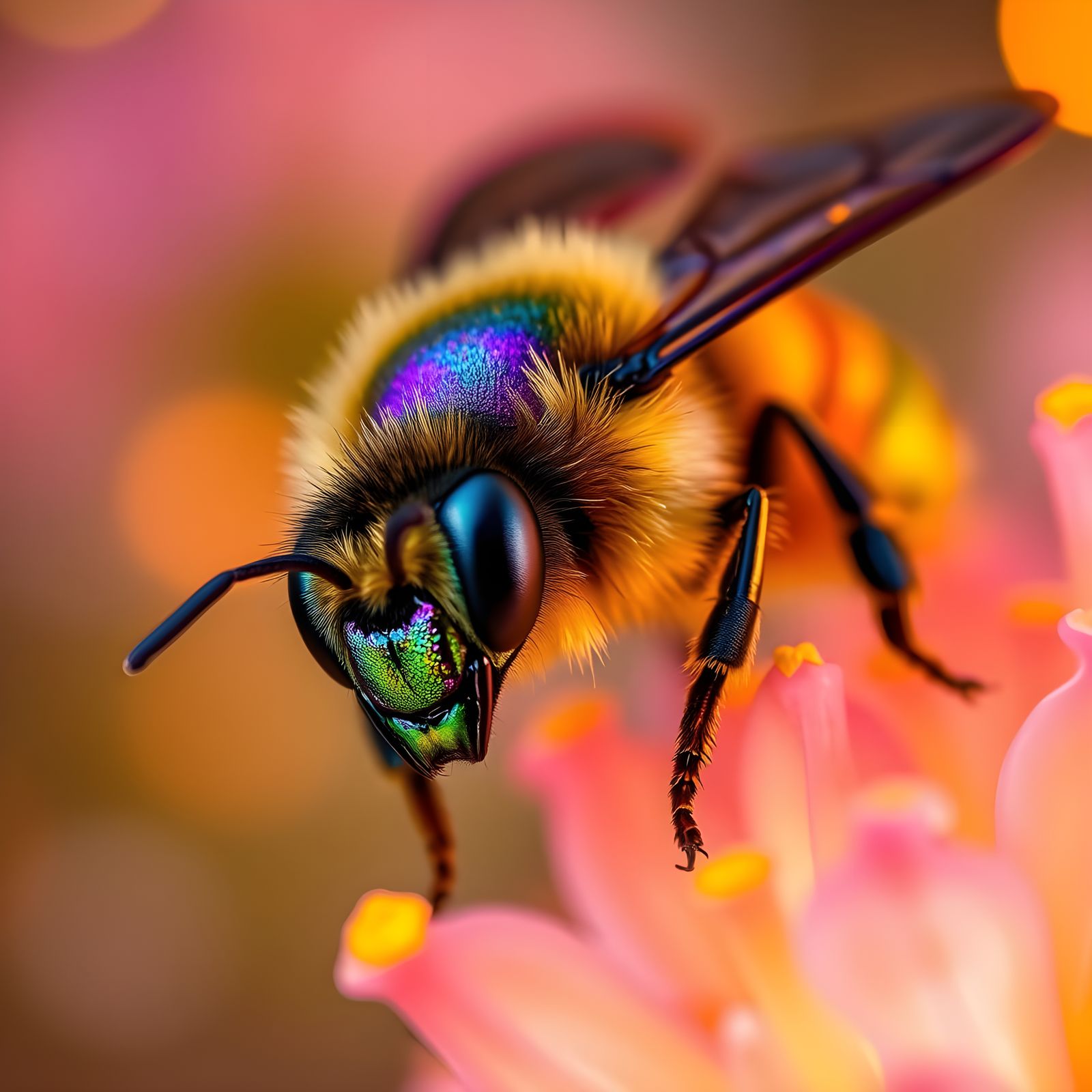 Glowing Bee Macro Photography in Vibrant Harmony