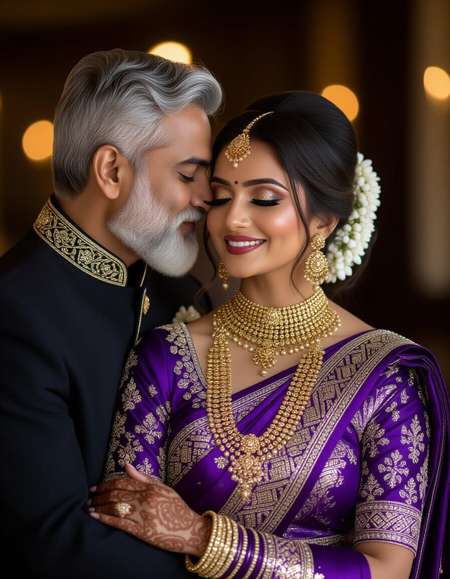 Romantic South Asian Couple in Lavender Saree