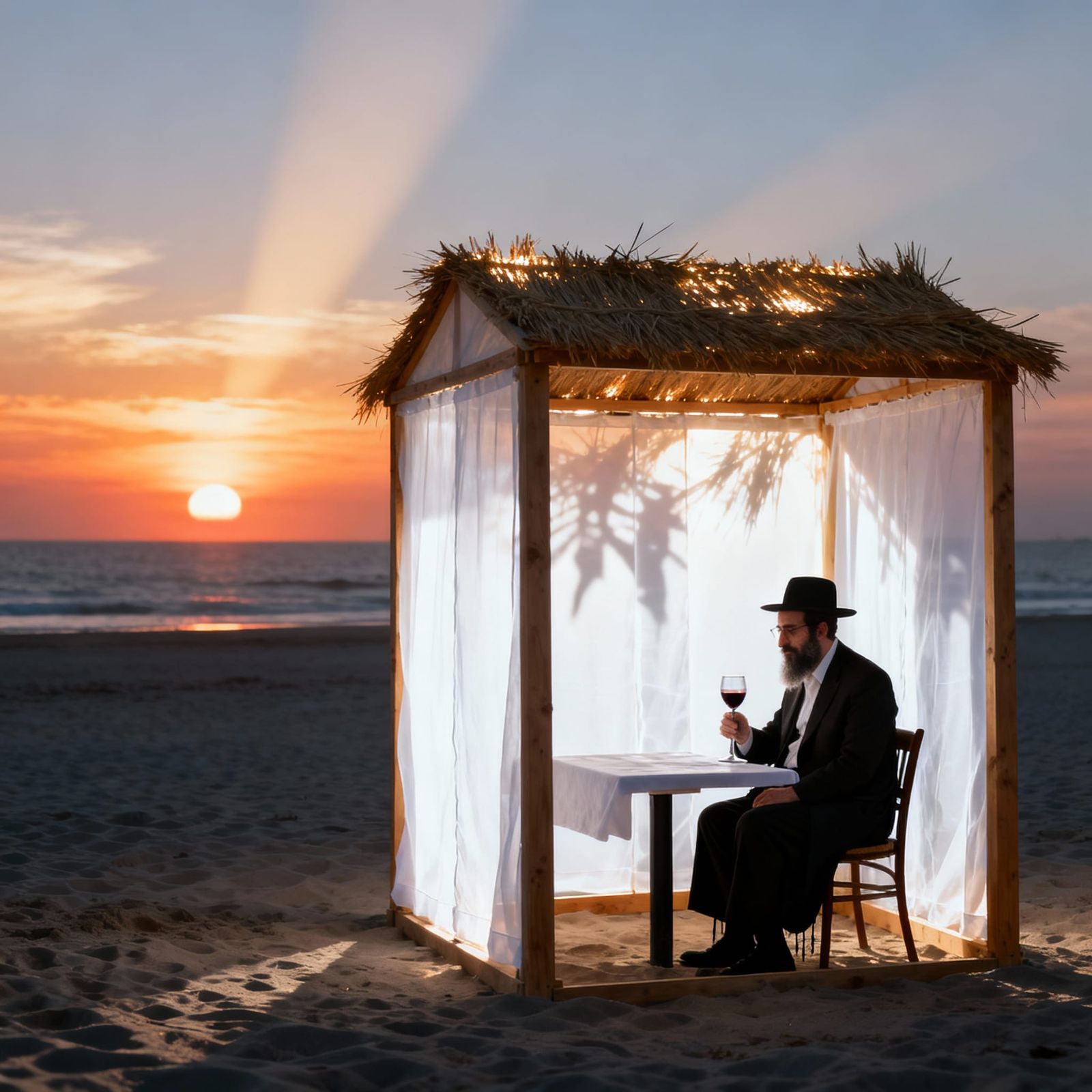 Serene Beach Sunset with Solitary Sukkah and Man