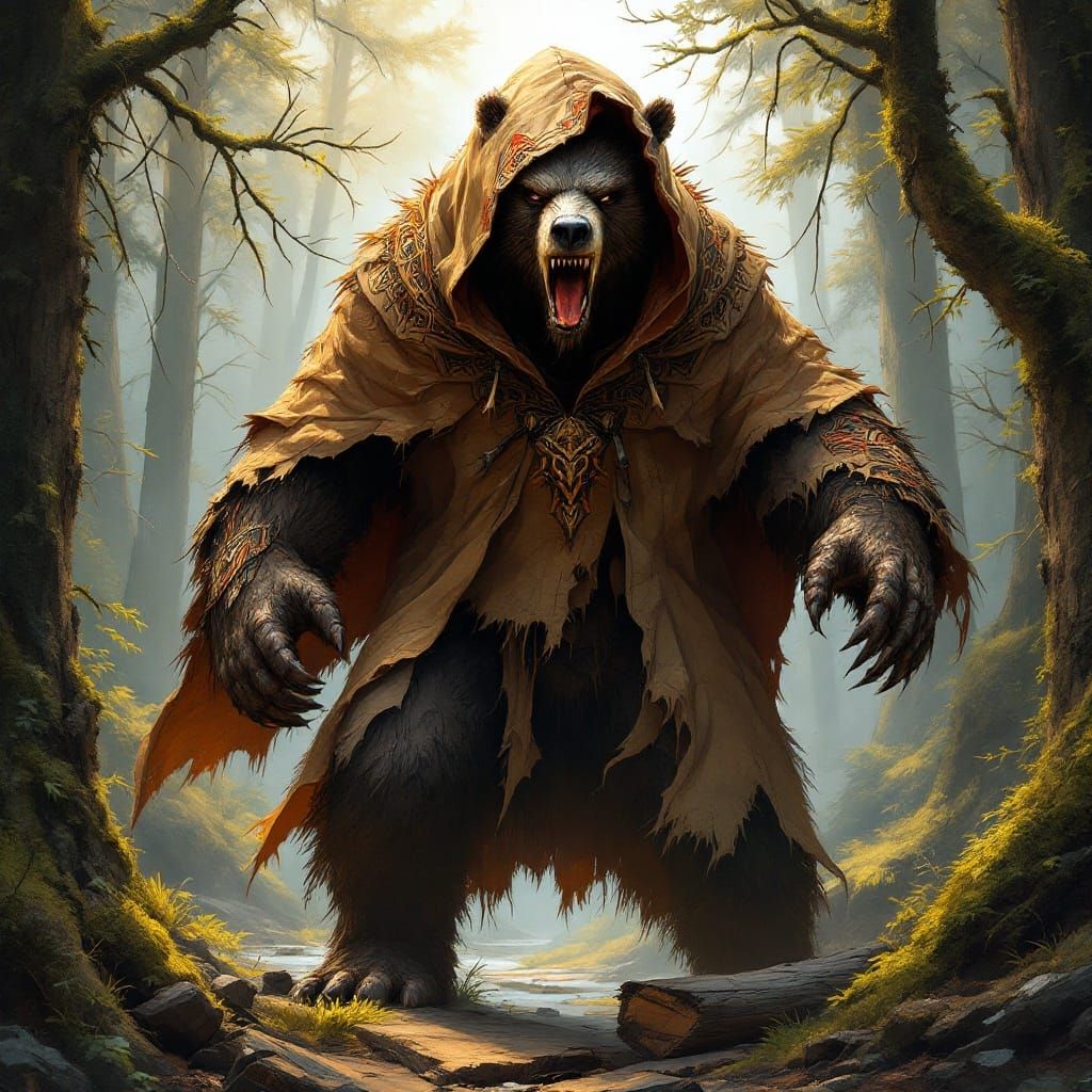 Haida Bear Shape Shifter in Forest, D&D Style Art