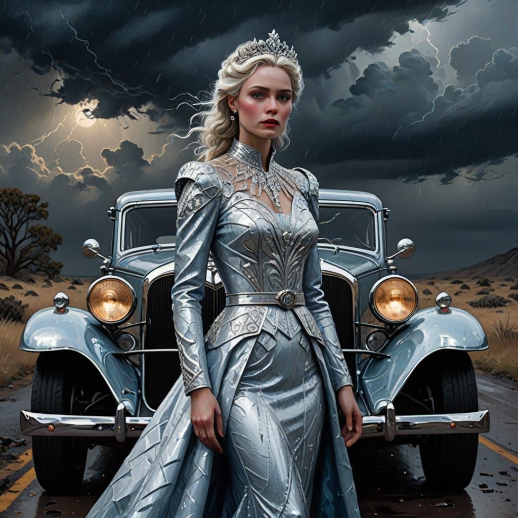 Ice Queen Before Vintage Coupe in Stormy Landscape