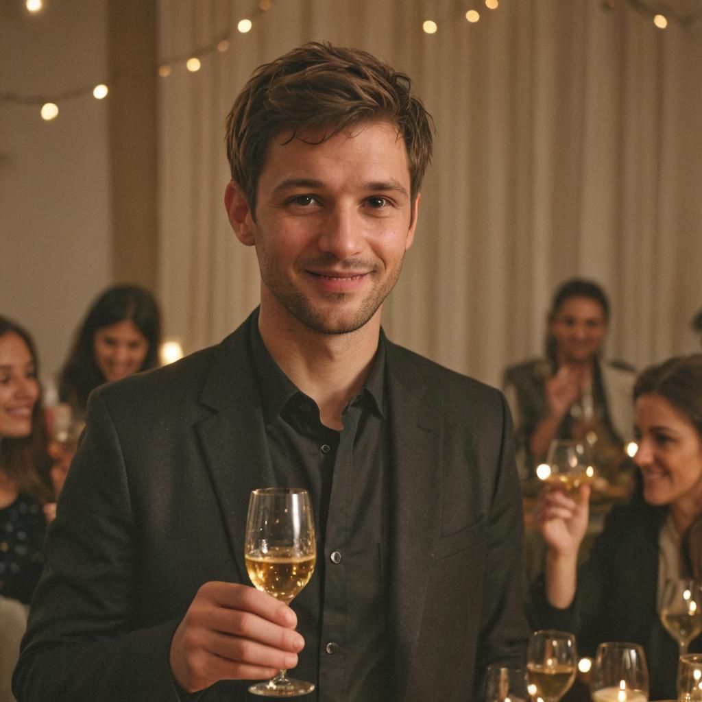 Man in Black Jacket Raises Glass in Celebration