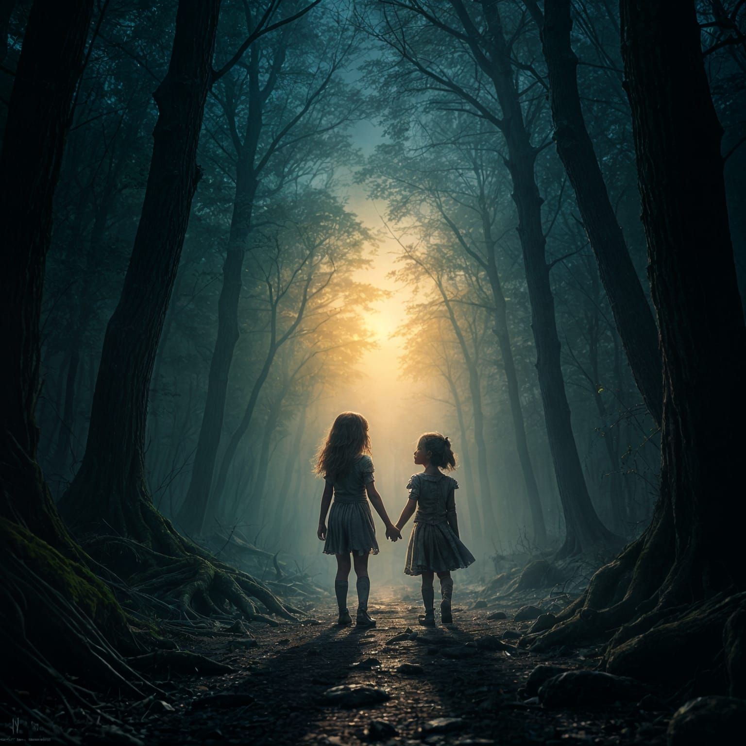 Two Scared Girls in Eerie Dark Forest