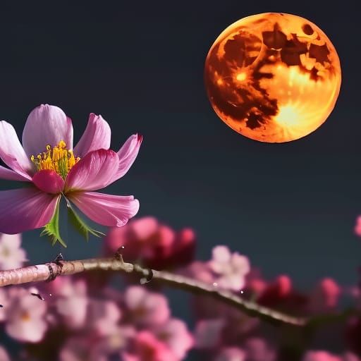 Peach Blossom in Starry Night with Full Moon