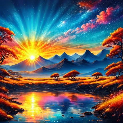 Majestic Lion in Surreal African Sunset Landscape