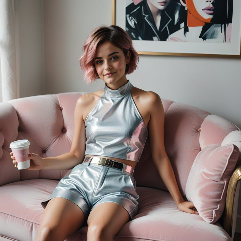Pink-Haired Woman on Sofa, in Gerhard Richter Style