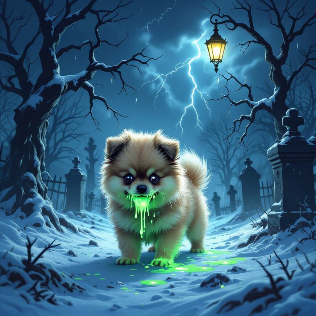 Ethereal Zombie Pomeranian in Snowy Victorian Graveyard