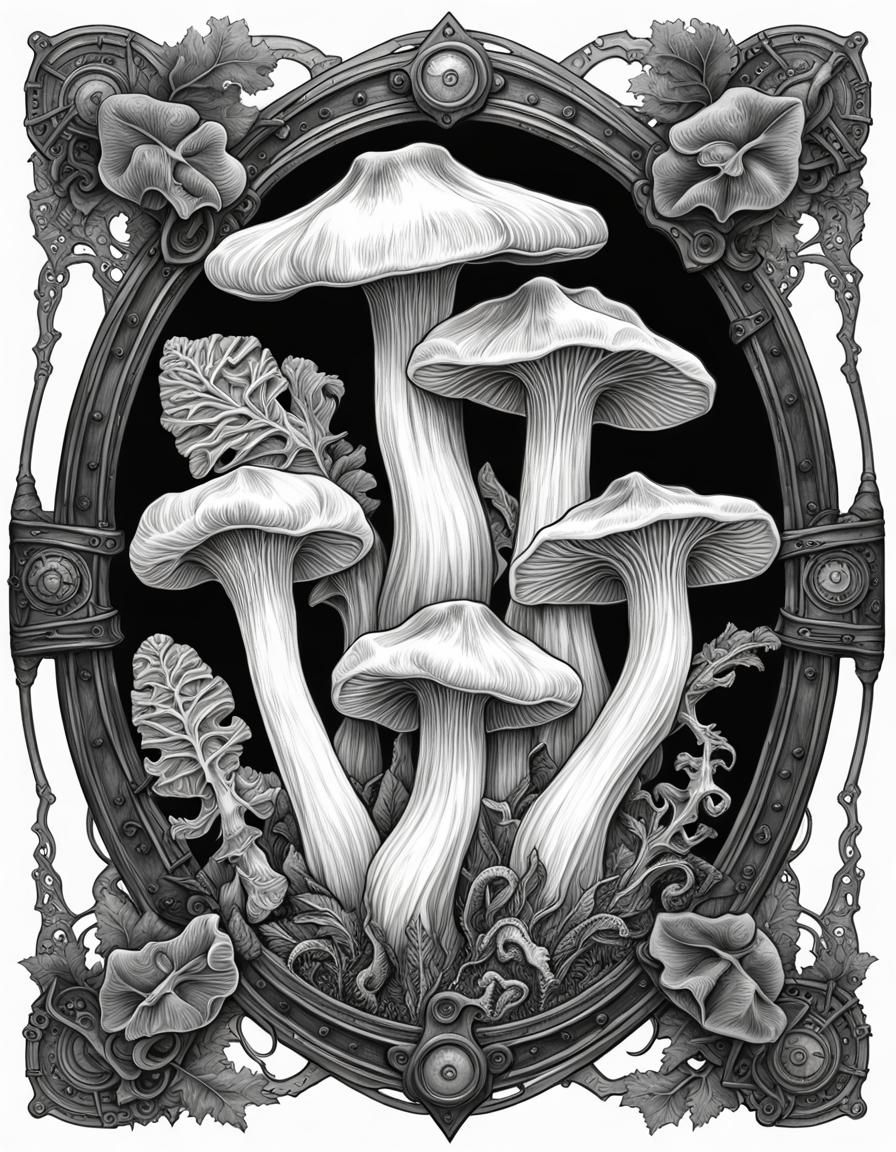 Steampunk Chanterelle Mushroom Botanical Illustration