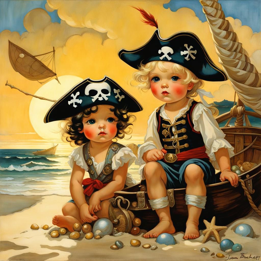 Children Discover Pirate Treasure: Fairytale Illustration
